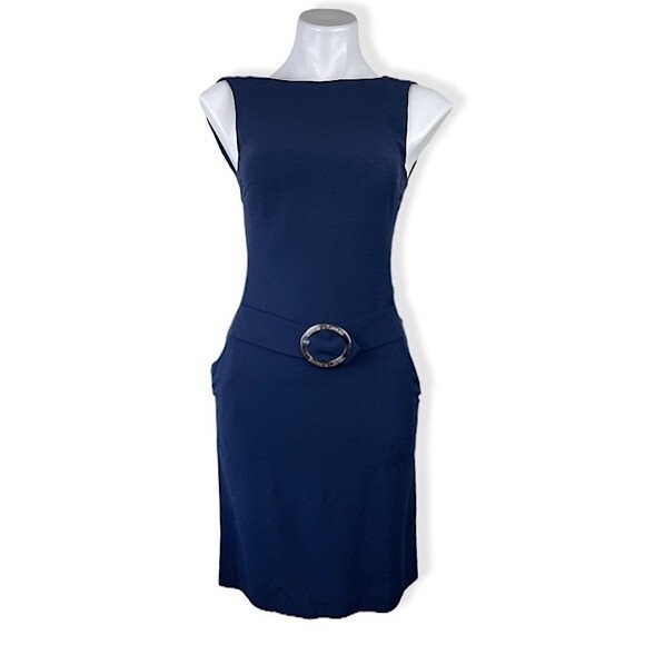 Rouge a Levres Navy Blue Office Work Career Sleeveless Sheath Dress 40 XS Belted - Picture 2 of 14